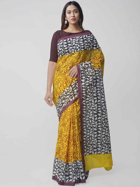 

Unnati Silks Yellow & Black Pure Cotton Floral Print Kasavu Saree