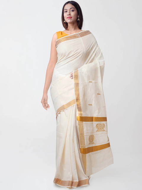 

Unnati Silks Cream-Coloured & Golden Zari Pure Cotton Solid Kasavu Saree