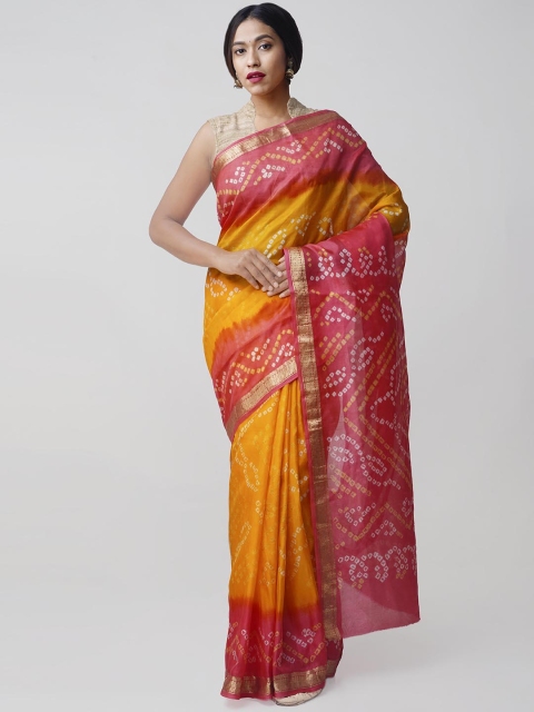 

Unnati Silks Mustard Yellow & Pink Zari Pure Silk Printed Bandhani Saree