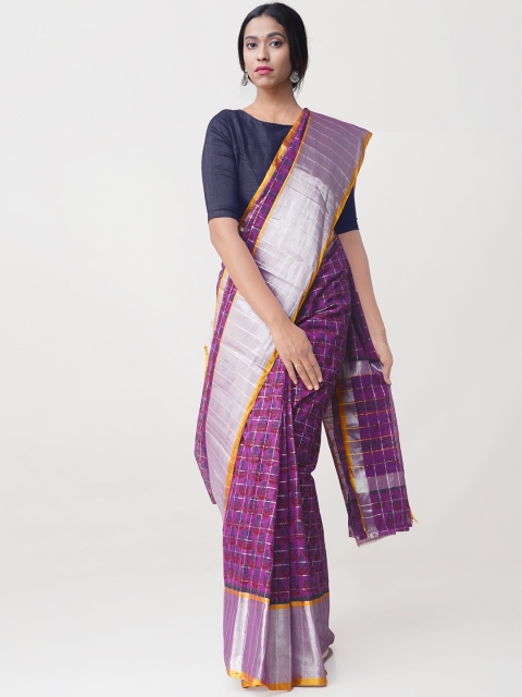 

Unnati Silks Purple & Silver Pure Cotton Zari Checked Mangalagiri Saree