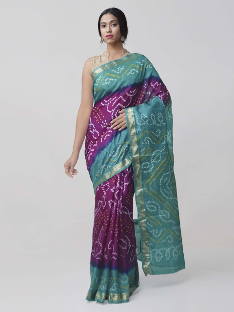 

Unnati Silks Teal & Purple Pure Silk Printed Bandhani Saree