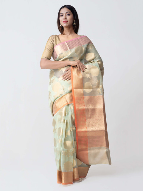 

Unnati Silks Green & Beige Silk Cotton Woven Design Banarasi Saree