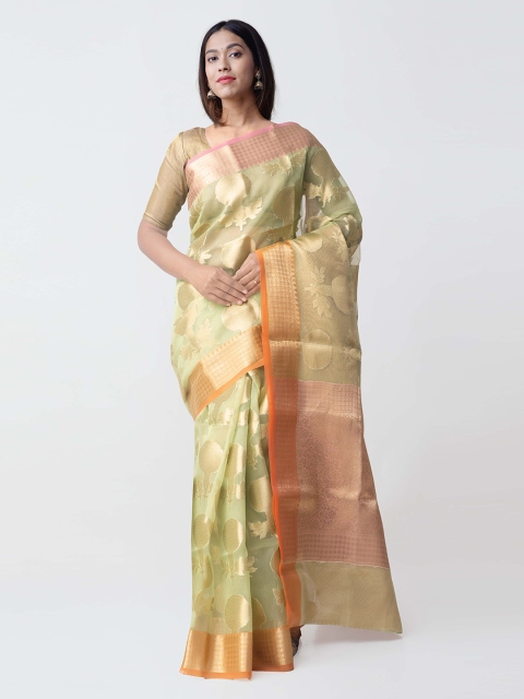 

Unnati Silks Green & Beige Silk Cotton Woven Design Banarasi Saree