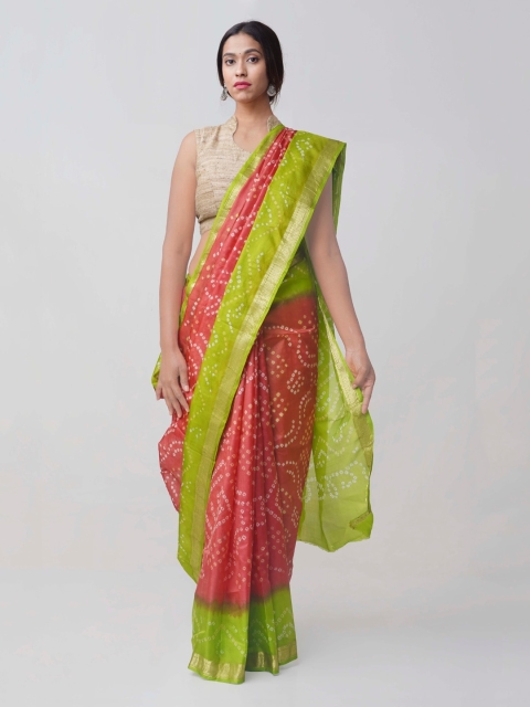 

Unnati Silks Green & Pink Pure Silk Dyed Bandhani Saree