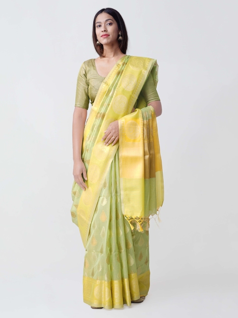 

Unnati Silks Green & Yellow Silk Cotton Woven Design Banarasi Saree