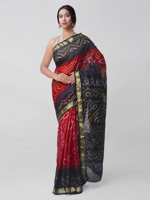 

Unnati Silks Maroon & Black Pure Silk Printed Bandhani Saree