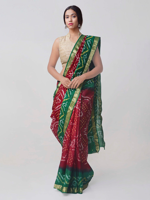 

Unnati Silks Maroon & Green Pure Silk Printed Bandhani Saree
