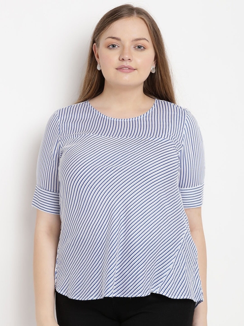 

The Pink Moon Women White & Navy Blue Striped Plus Size Top