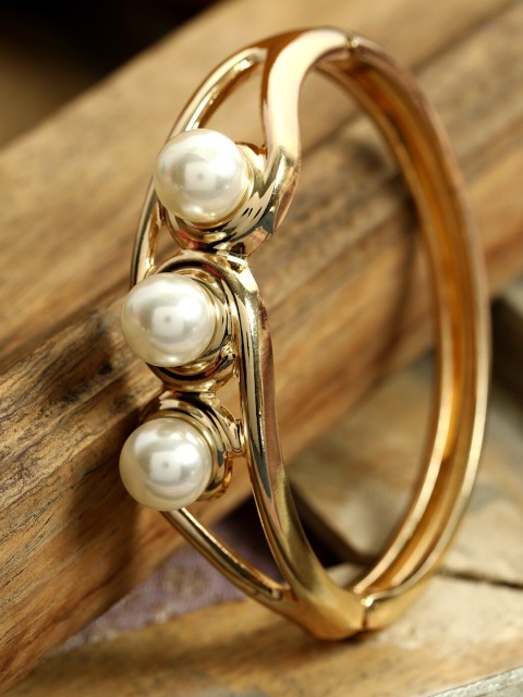

ANIKAS CREATION Off-White Gold-Plated Handcrafted Beaded Bangle Style Bracelet