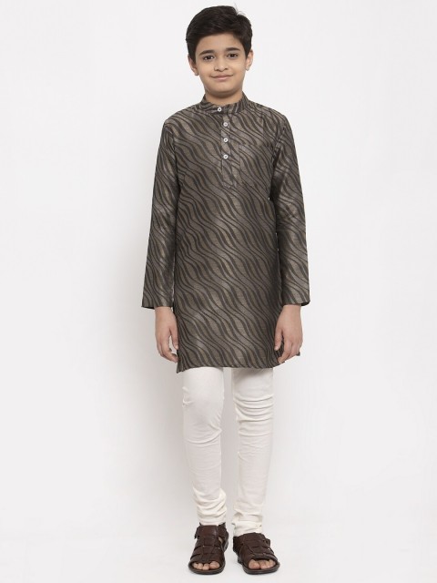 

NEUDIS Boys Charcoal Grey & White Abstract Print Handloom Kurta with Churidar