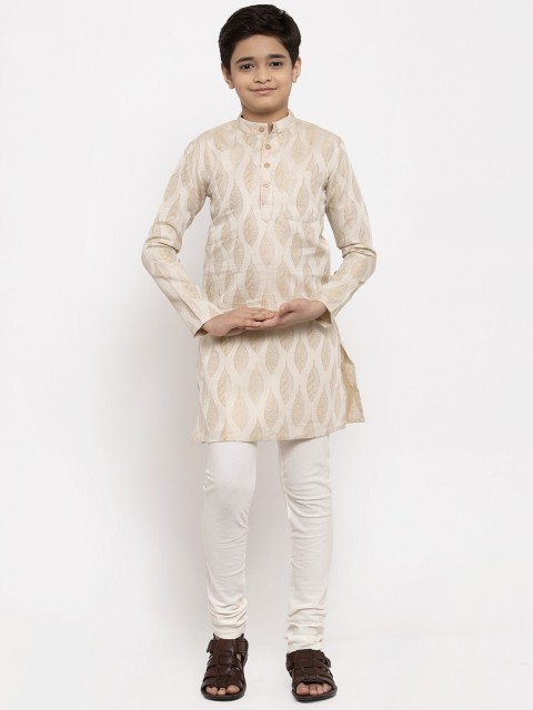 

NEUDIS Boys Beige & White Leaf Print Kurta with Churidar