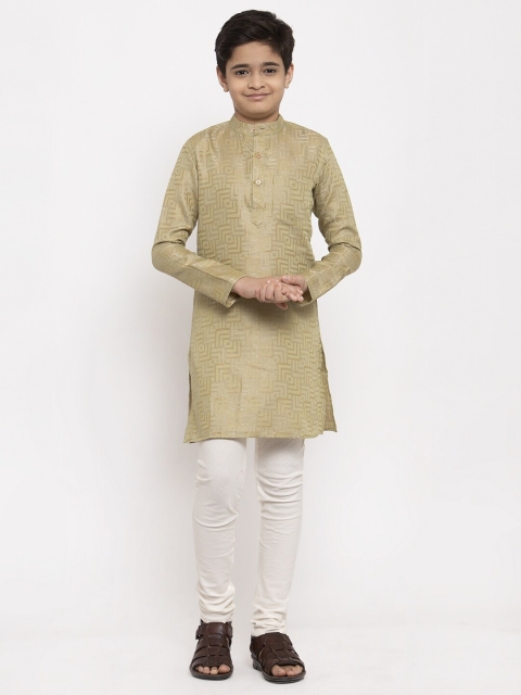 

NEUDIS Boys Olive Green & White Geometric Print Handloom Kurta with Churidar