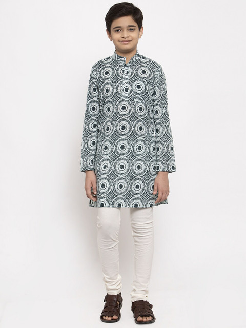 

NEUDIS Boys Green & White Geometric Print Handloom Kurta with Churidar