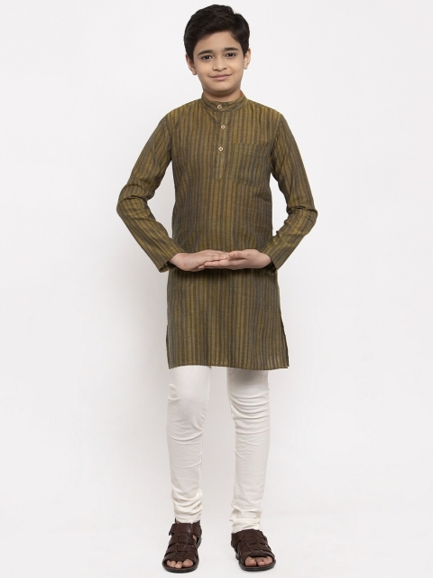 

NEUDIS Boys Olive Green & White Striped Handloom Kurta with Pyjamas