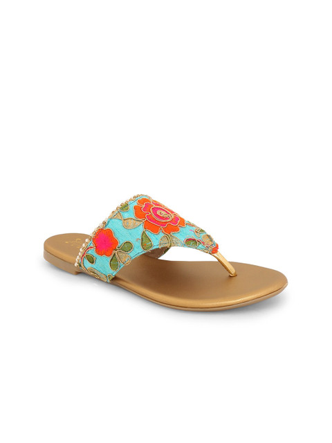 

Siendo Desi Women Turquoise Blue & Red Floral Embroidered Open Toe Flats