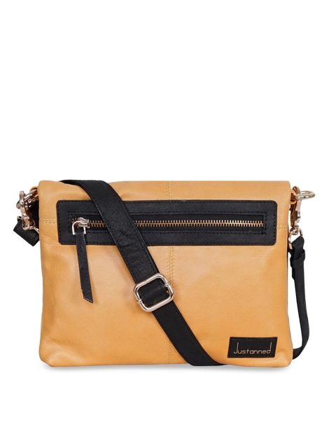 

Justanned Mustard Yellow & Black Colourblocked Leather Sling Bag