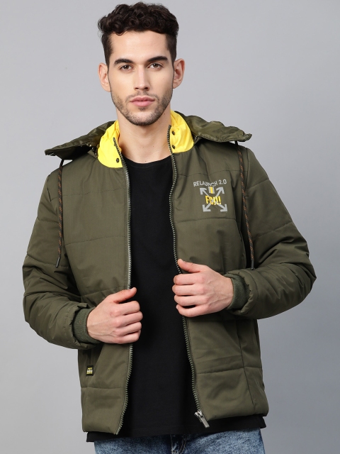 

Fort Collins Men Olive Green Solid Lightweight Padded Jacket with Detachable Hood