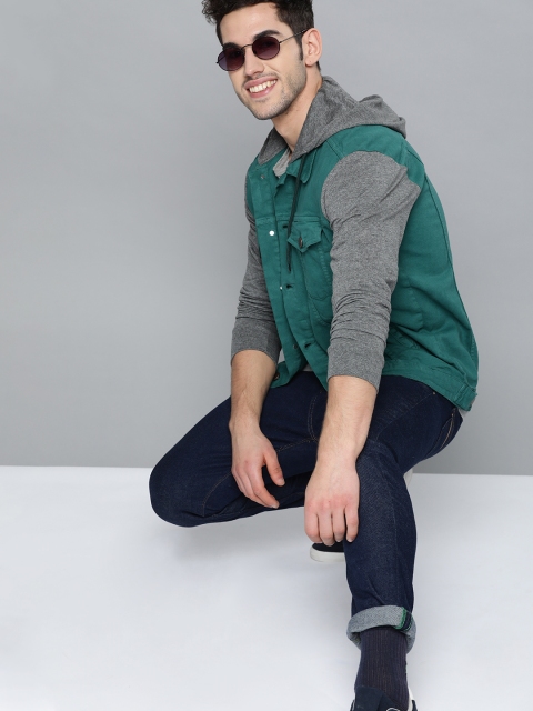 

HERE&NOW Men Green Solid Hooded Denim Jacket