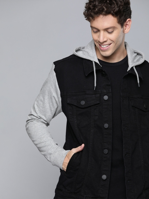 

HERE&NOW Men Black Solid Hooded Denim Jacket