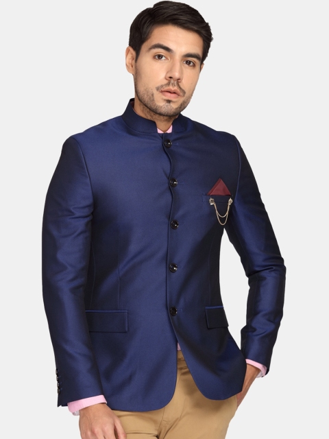 

Theme Men Blue Self-Design Slim-Fit Bandhgala Casual Blazer