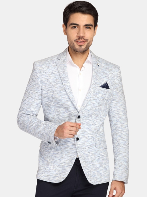 

Theme Men Blue & White Self-Design Slim-Fit Single-Breasted Casual Blazer