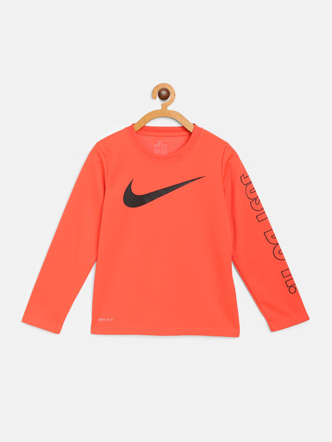 

Nike Boys Coral Red Swoosh Just Do It Print Dri-Fit Round Neck Thermal T-shirt