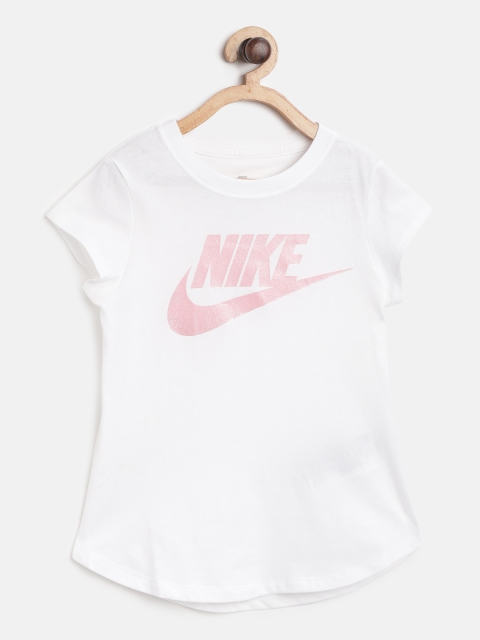 

Nike Girls White Pink Brand Logo Print Futura Pure Cotton T-shirt