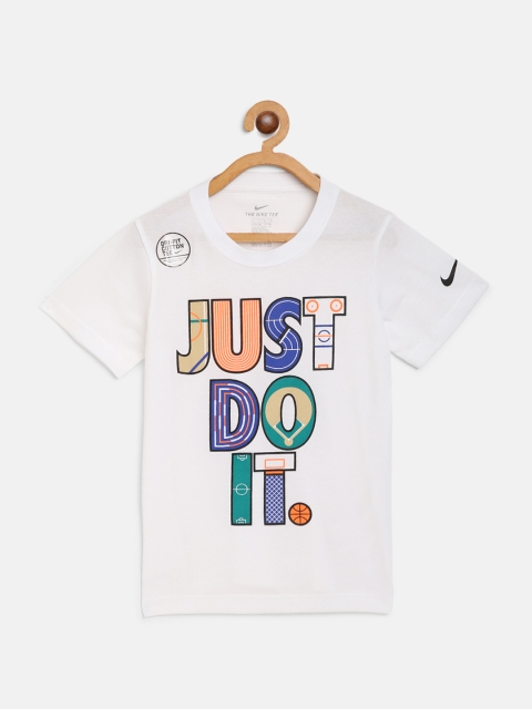 

Nike Boys White & Orange Geometric Just Do It Print Dri-Fit ASIF Round Neck T-Shirt