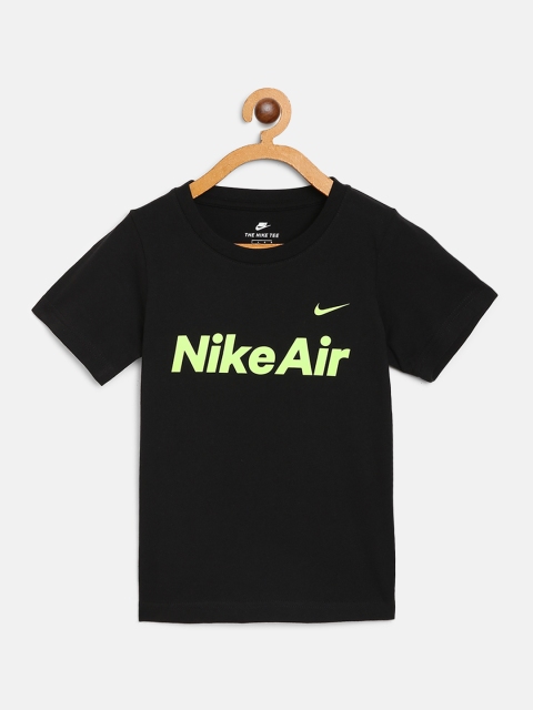 

Nike Boys Black Fluorescent Green Air Brand Logo Print Round Neck Sports Pure Cotton T-shirt