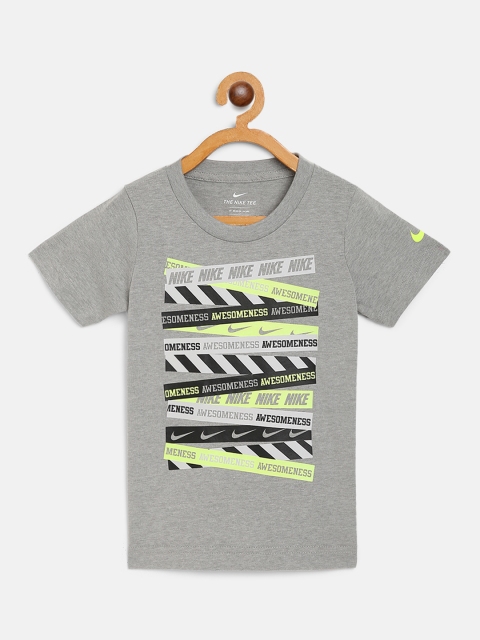 

Nike Boys Grey Melange & Fluorescent Green Brand Logo Print Round Neck T-shirt