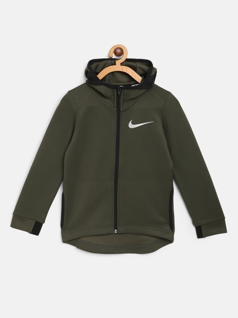 

Nike Boys Olive Green Self Design Hooded Therflex SHWTM MD FZ Basketball Sweatshirt