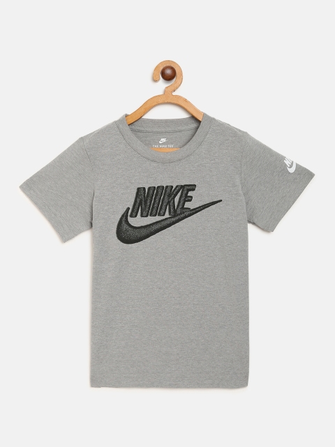 

Nike Boys Grey Melange Futura Faux Embroidery Brand Logo Print Round Neck T-shirt