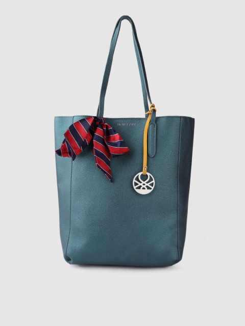 

United Colors of Benetton Teal Blue Solid Tote Bag With Scarf