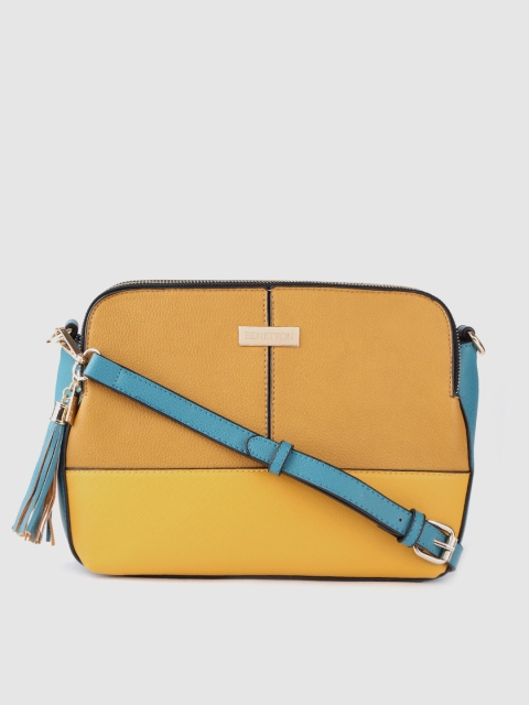 

United Colors of Benetton Mustard Yellow & Teal Green Colourblocked Sling Bag