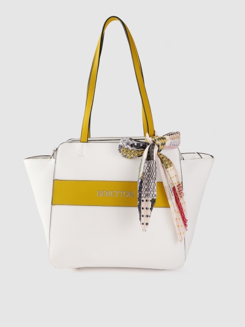 

United Colors of Benetton White & Mustard Yellow Colourblocked Shoulder Bag with Scarf