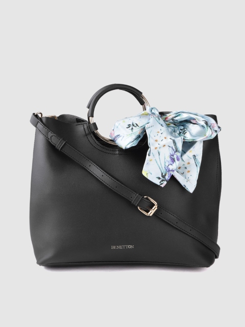

United Colors of Benetton Black Solid Handheld Bag with Printed Scarf