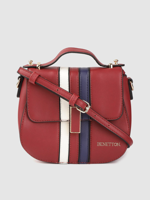 

United Colors of Benetton Maroon & Navy Blue Striped Satchel