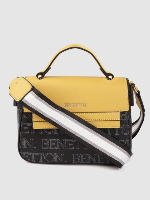 

United Colors of Benetton Mustard Yellow & Black Printed Satchel