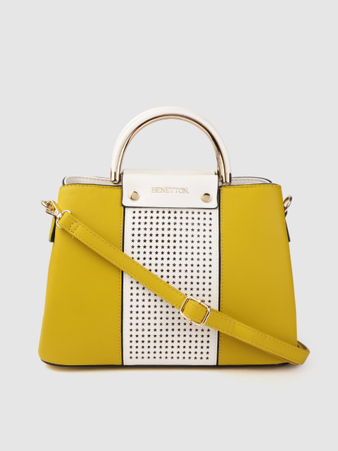

United Colors of Benetton Mustard & White Colourblocked Handheld Bag with Laser Cut Detail