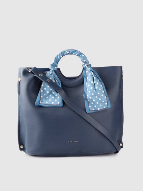 

United Colors of Benetton Navy Blue Solid Handheld Bag with Printed Scarf