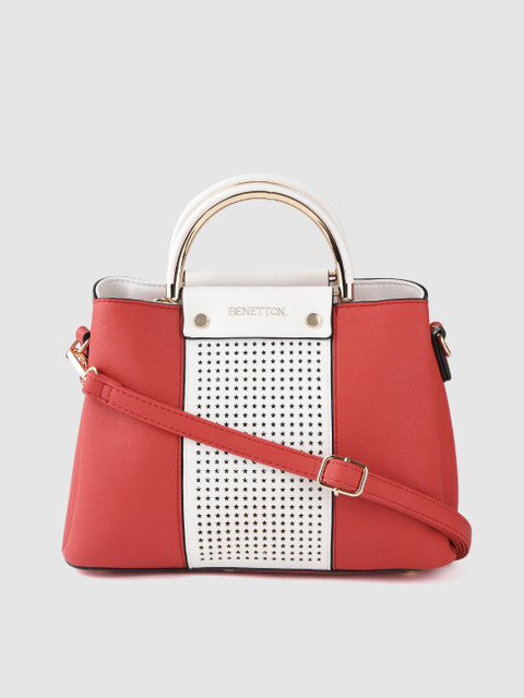 

United Colors of Benetton Red & White Colourblocked Handheld Bag with Laser Cuts