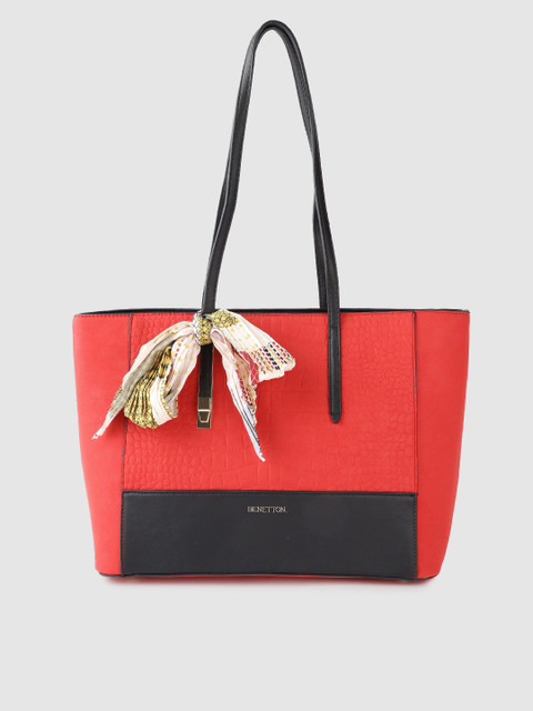 

United Colors of Benetton Red & Black Croc Textured Shoulder Bag with Printed Scarf
