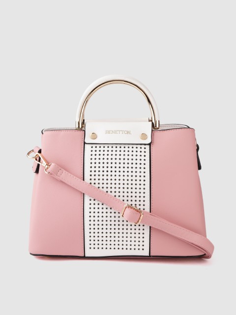 

United Colors of Benetton Pink & White Colourblocked Handheld Bag with Laser Cuts