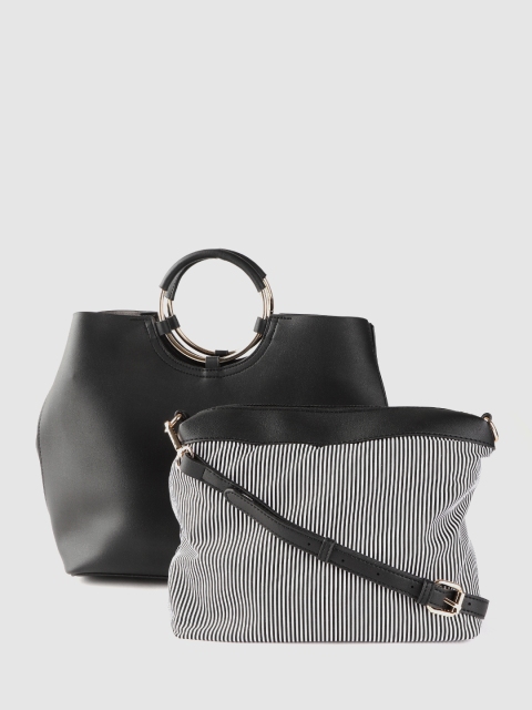 

United Colors of Benetton Black & White Solid Handheld Bag with Pouch
