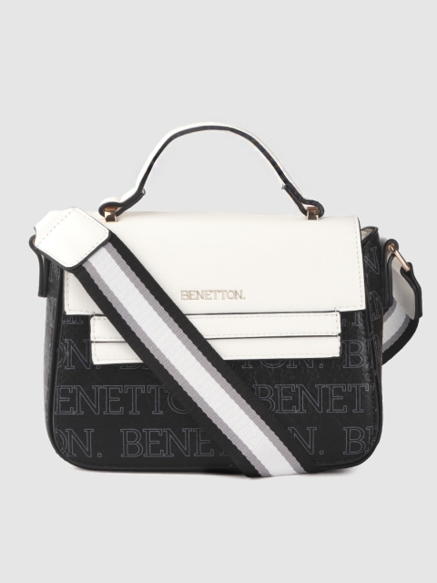 

United Colors of Benetton White & Black Brand Logo Print Satchel Bag with Sling Strap