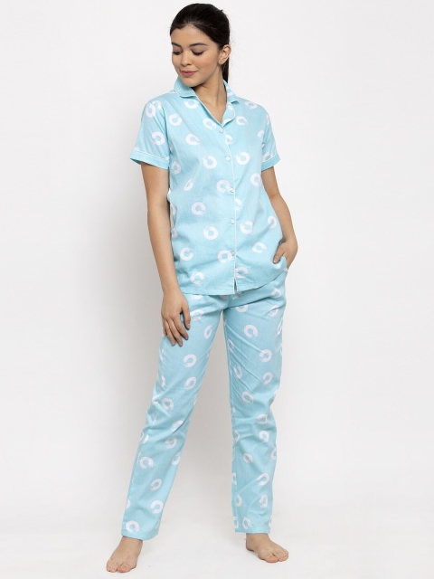 

Claura Women Turquoise Blue & White Printed Night suit