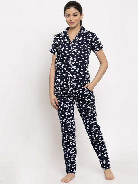 

Claura Women Navy Blue & White Printed Night suit