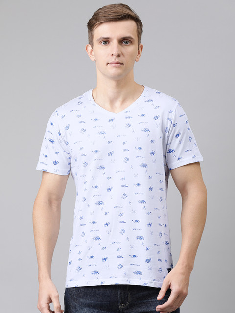 

Turtle Men White & Blue Slim Fit Printed V-Neck T-shirt