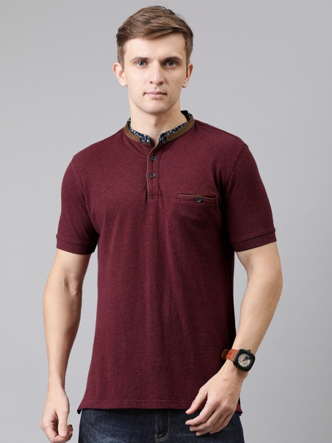 

Turtle Men Burgundy Solid Mandarin Collar T-shirt
