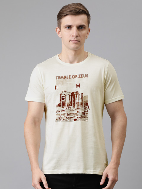 

Turtle Men Cream-Coloured Slim Fit Printed Round Neck T-shirt
